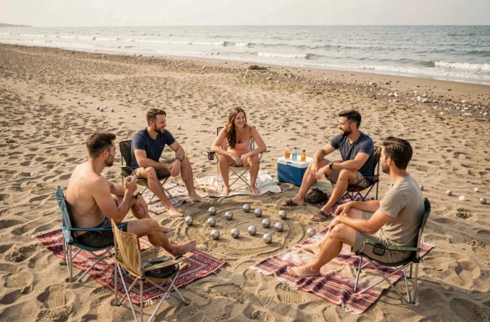 Groupe d'amis adultes jouant à la pétanque sur la plage