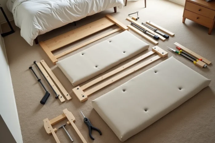 Vue aérienne d'un sommier tapissier entièrement démonté avec ses pièces et outils organisés au sol