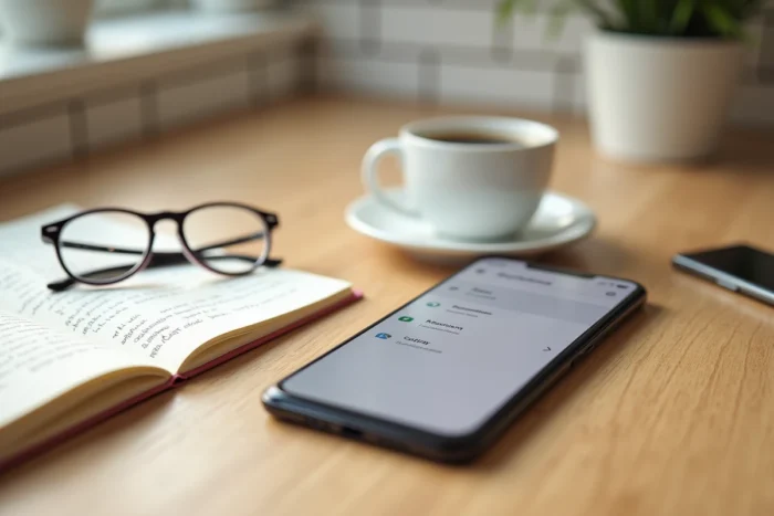Google Pixel 8a posé sur une table en bois avec interface des paramètres Android visible