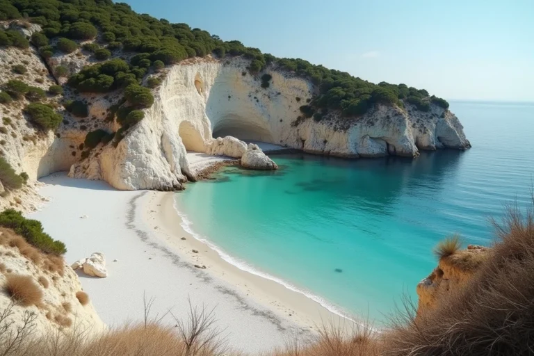 Plage des 3 Pointes à Bonifacio avec ses eaux turquoise et ses falaises calcaires blanches en Corse du Sud