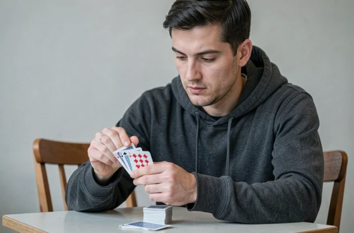 Joueur planifiant ses changements de couleur deux coups à l'avance en observant attentivement ses cartes