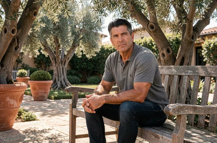 Homme acteur assis dans un jardin californien ensoleillé, posant dans un cadre détendu pour un portrait éditorial de style magazine