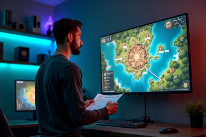 Joueur adulte présentant une carte de stratégie Unicorn Overlord sur grand écran mural dans une salle de gaming équipée