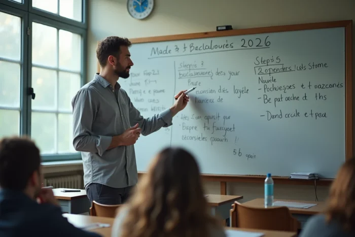 Professeur expliquant les étapes d'inscription au bac 2026 via Cyclades à ses élèves en classe