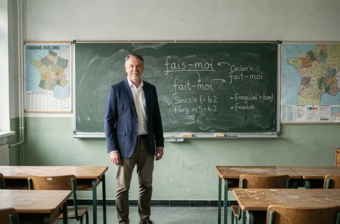 Professeur de français expliquant la différence orthographique entre fais-moi et fait-moi au tableau de la classe