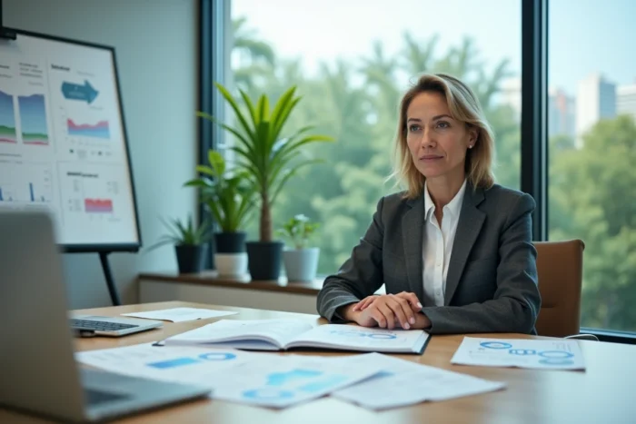 Professionnelle en salle de réunion comparant les référentiels ISO 50001 et ISO 14001 avec des manuels de normes et un ordinateur portable