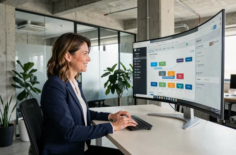 Femme professionnelle analysant un tableau de bord de prospection digitale B2B sur un écran incurvé dans un bureau moderne