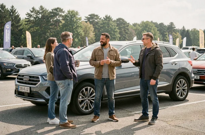 Groupe de passionnés d'automobile discutant autour d'un SUV lors d'un rassemblement automobile en plein air
