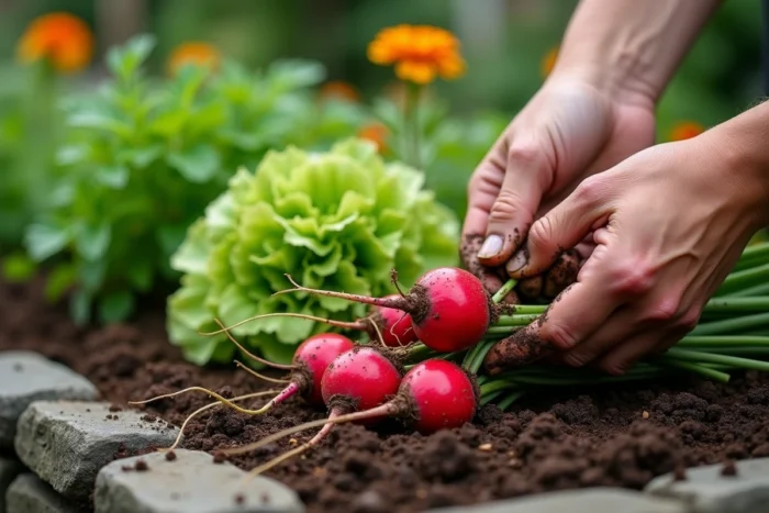 Mains récoltant des radis rouges et une laitue beurre fraîche dans un potager biologique avec des herbes aromatiques en arrière-plan flou