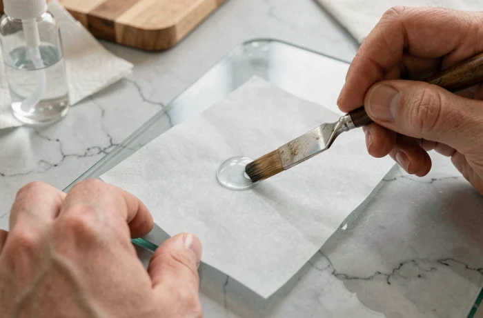 Gros plan des mains retirant une bulle d'air sous du papier calque collé sur du verre avec une spatule de précision