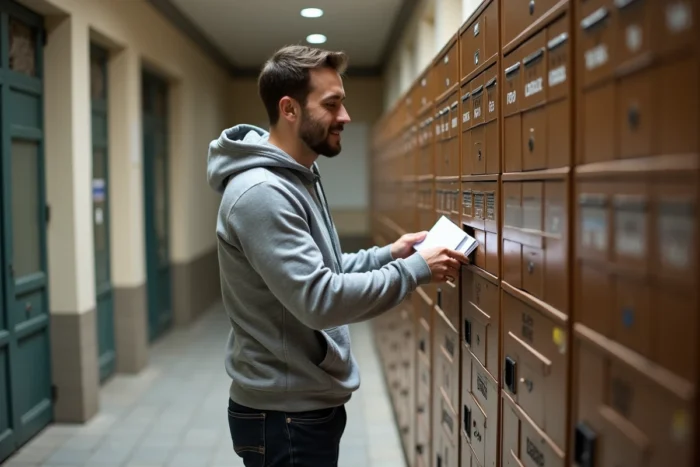 Jeune homme récupérant son courrier dans une boîte postale numérotée en France