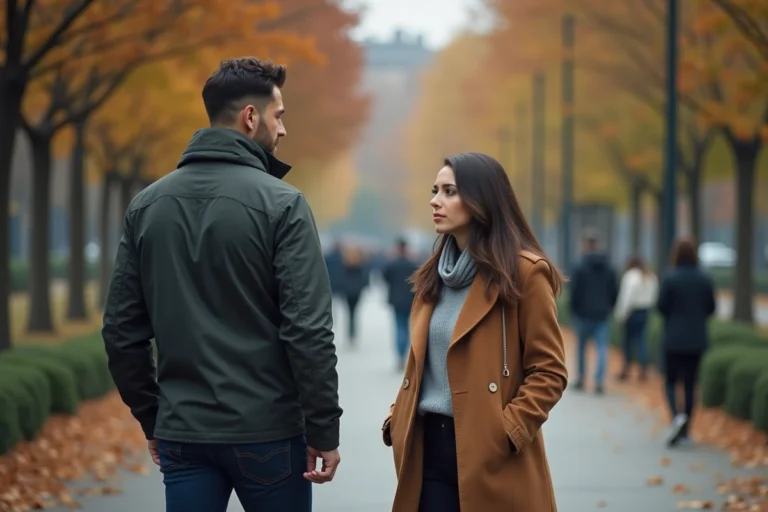 Un homme et une femme séparés dans un parc urbain illustrant une rupture amoureuse entre célébrités Nelly et Ashanti
