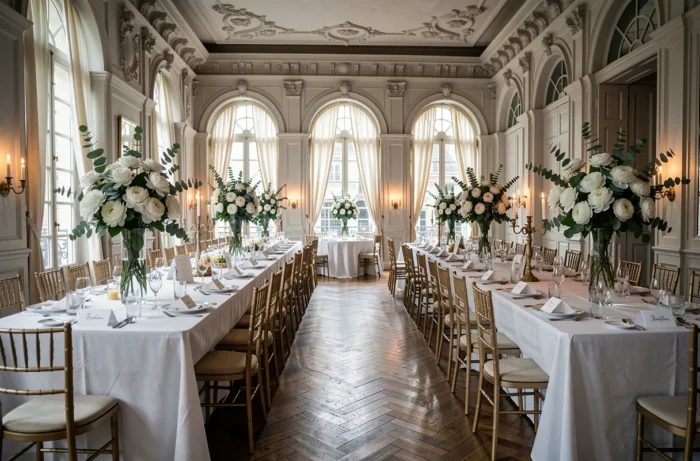 Salle de réception de mariage élégamment décorée dans un château parisien avec tables dressées et centres de table floraux