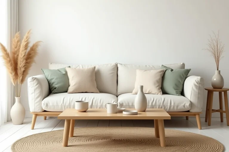 Salon scandinave harmonieux avec canapé en lin, table en chêne et décoration épurée en tons neutres