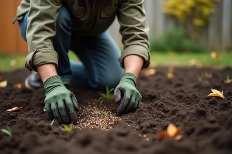 Homme semant du gazon à la main sur une terre fraîchement préparée dans un jardin en automne
