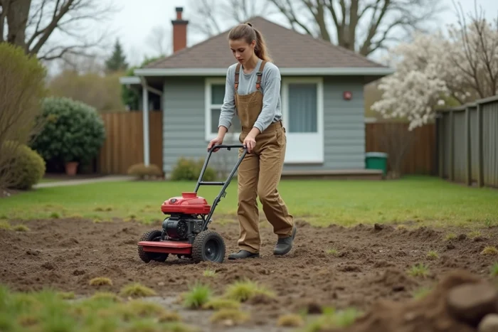 Femme utilisant un épandeur mécanique pour semer du gazon sur une pelouse en préparation au printemps
