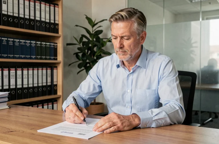Homme signant un document de caution solidaire dans une agence immobilière