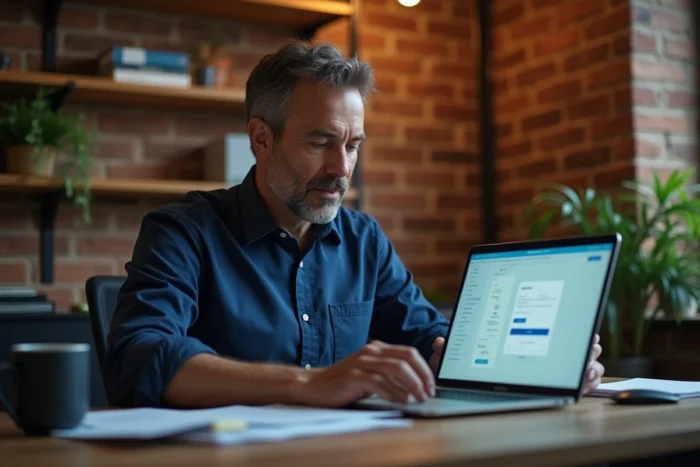 Homme créant une signature électronique sur un ordinateur portable dans un bureau à domicile