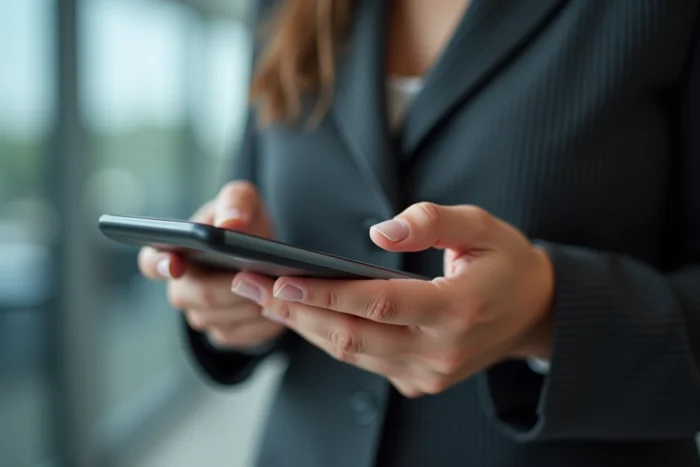 Gros plan de mains signant un document électronique sur smartphone avec une application de signature numérique