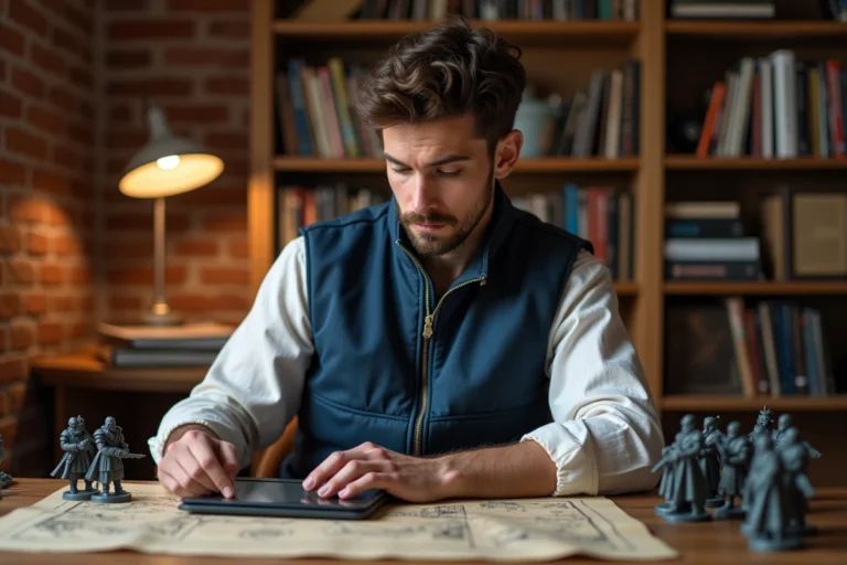 Joueur adulte concentré analysant des stratégies de jeu Unicorn Overlord sur tablette avec des figurines de fantasy disposées sur un bureau en bois