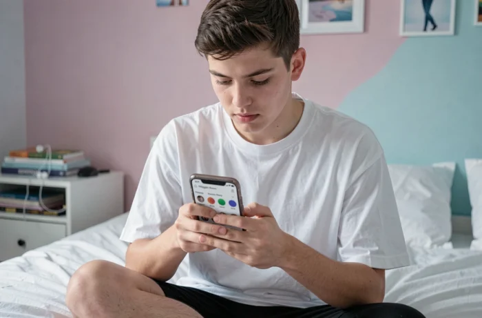 Adolescent gérant ses demandes d'abonnement en attente sur Instagram depuis sa chambre