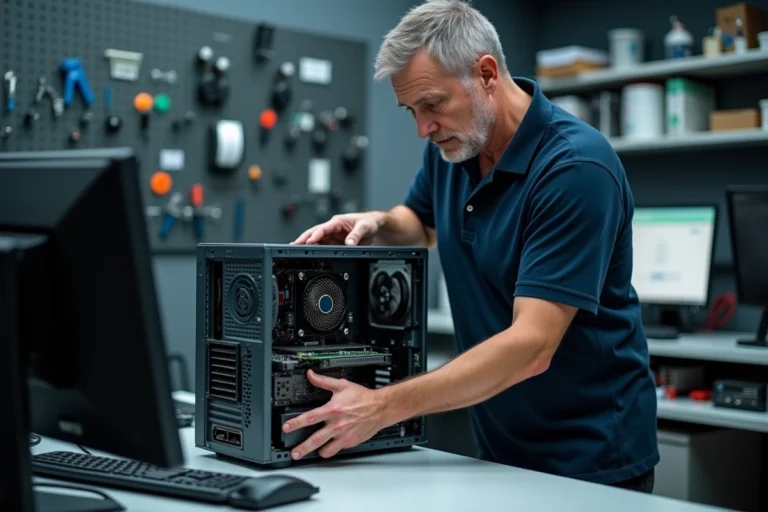 Technicien informatique tenant un boîtier d'unité centrale ouvert révélant le processeur et la carte mère dans un atelier de réparation professionnel