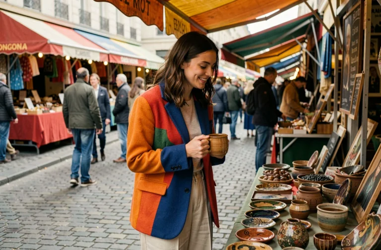 Jeune femme parisienne découvrant une tendance insolite dans un marché de rue animé