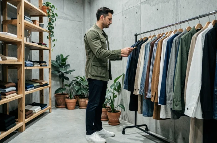 Homme en veste utilitaire olive feuilletant des vêtements vintage dans un concept store moderne au design épuré