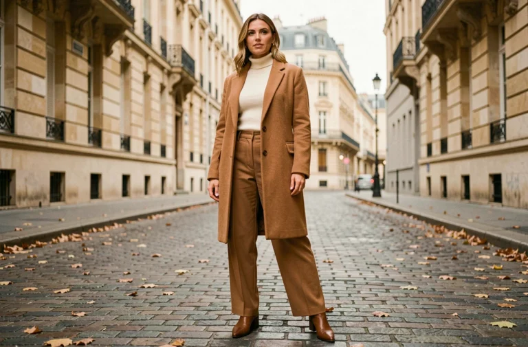 Femme élégante en manteau camel et pantalon large dans une rue pavée parisienne en automne, look mode tendance saison