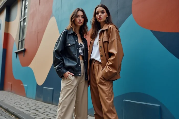Deux femmes avec des looks beauté urbains tendance devant une fresque street art colorée dans un quartier branché de Paris