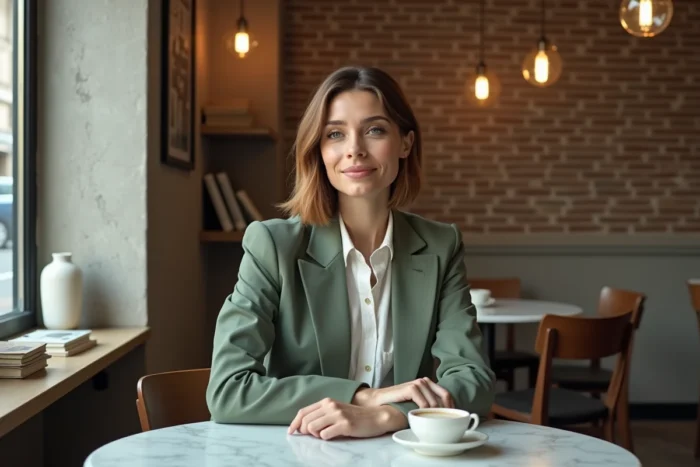 Femme aux cheveux châtains en carré avec maquillage graphique minimaliste dans un café parisien contemporain