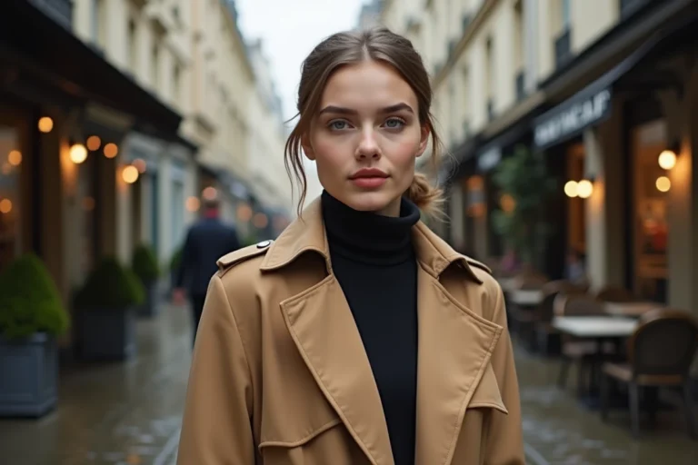 Jeune femme arborant un maquillage urbain tendance avec lèvres terracotta et peau lumineuse dans les rues pavées de Paris