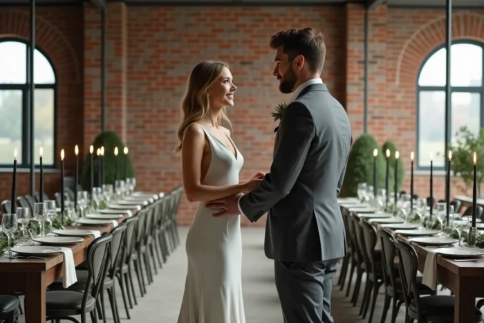 Couple échangeant des vœux dans une salle de mariage industrielle minimaliste avec décoration de table tendance 2024