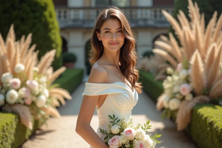 Mariée en robe de mariée ivoire contemporaine dans un jardin de château français avec compositions florales tendance 2024
