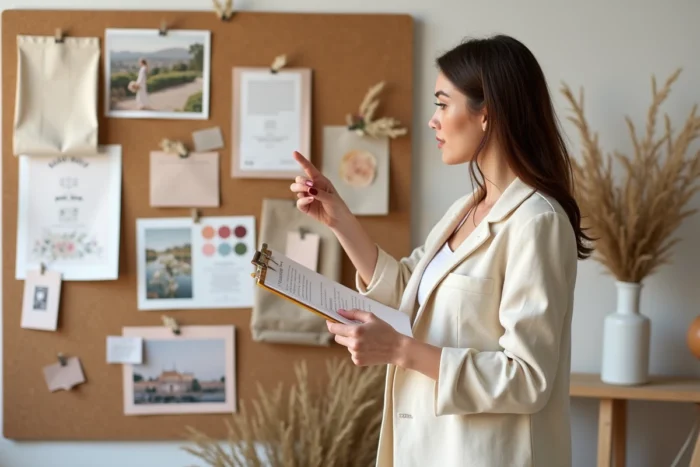 Wedding planner professionnelle consultant un tableau d'inspiration mariage 2024 dans un atelier parisien