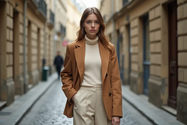 Femme portant un blazer camel oversize et un pantalon large ivoire dans une rue pavée parisienne en automne, look mode tendance 2024