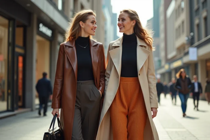 Deux femmes marchant en ville portant des tenues tendance 2024, trench-coat en cuir marron et jupe midi en maille orange, style mode éditorial urbain