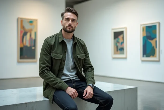 Homme en veste utilitaire verte et jean droit assis dans une galerie d'art moderne, style mode masculin tendance automne-hiver 2024