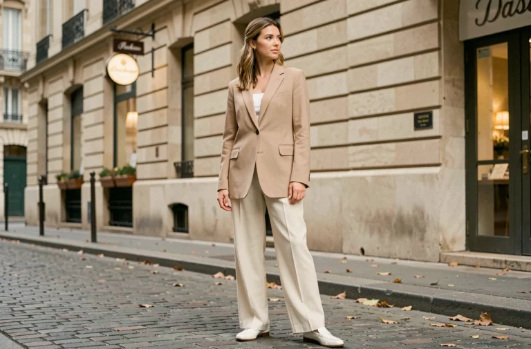 Femme portant un blazer oversize beige et un pantalon large dans une rue parisienne pavée, style mode tendance automne