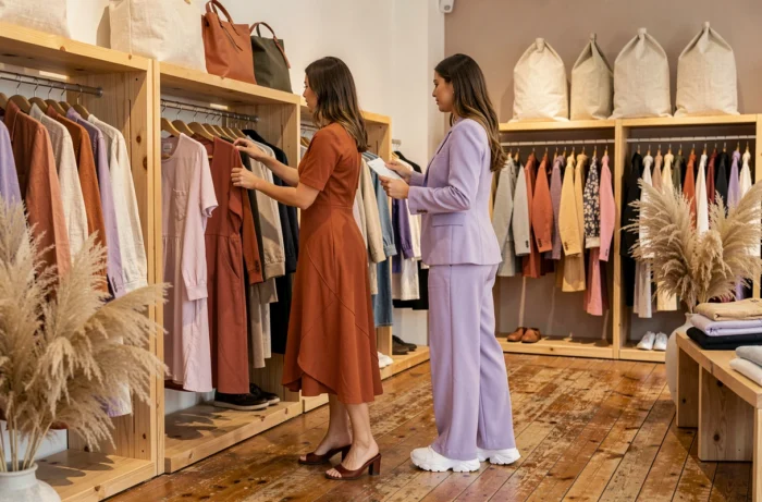 Deux femmes découvrant des vêtements tendance dans une boutique concept store indépendante, robe midi orange et ensemble lavande
