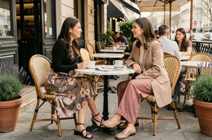 Deux femmes élégamment vêtues discutant à la terrasse d'un café parisien, illustrant les tendances mode printemps-été avec jupe satin et blazer oversize