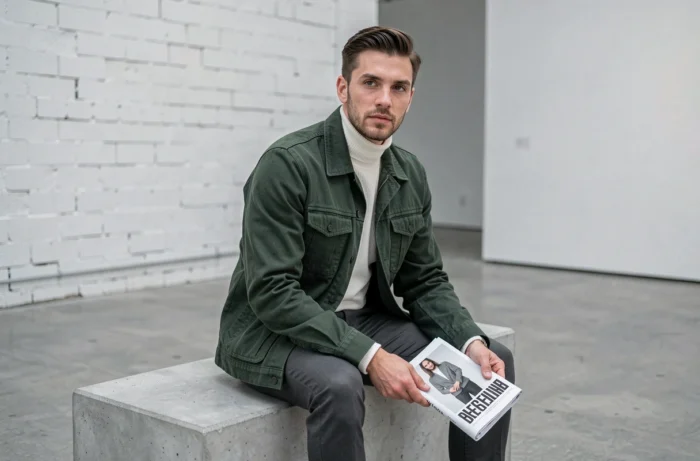 Homme en veste utilitaire vert forêt et col roulé blanc assis dans une galerie d'art moderne, style mode masculin tendance