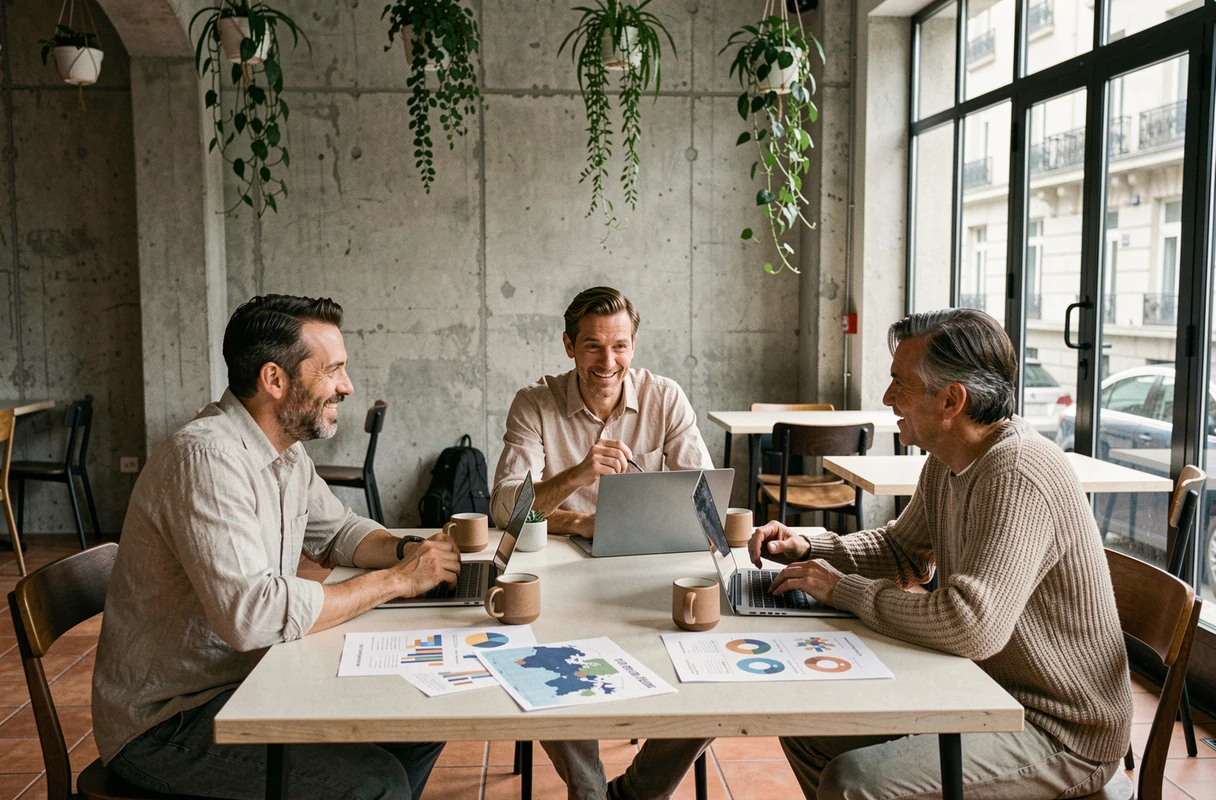 Groupe de personnes discutant des tendances actuelles mondiales dans un café moderne à Lyon
