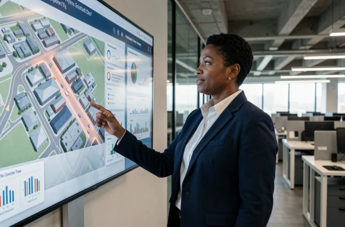 Urbaniste professionnelle présentant un plan de revitalisation d'un quartier industriel sur un écran interactif dans un bureau municipal moderne