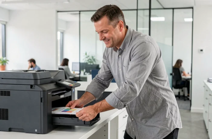 Homme récupérant des documents imprimés en couleur depuis le bac de sortie de l'imprimante Brother MFC-L3770CDW dans un bureau ouvert
