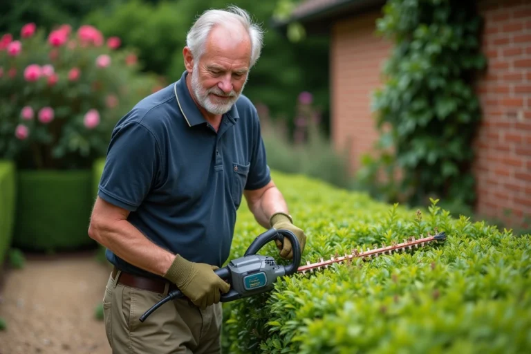Homme utilisant un taille-haie électrique filaire pour tailler une haie de buis dans un jardin de maison individuelle