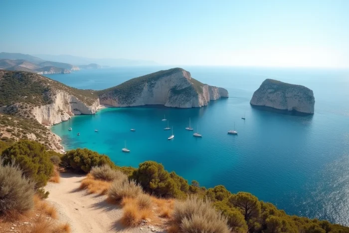 Vue panoramique depuis les falaises sur la plage des 3 Pointes et les calanques de Bonifacio en Corse du Sud