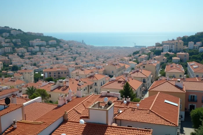 Vue panoramique sur les quartiers du 9e arrondissement de Marseille avec contrastes urbains et mer Méditerranée en arrière-plan