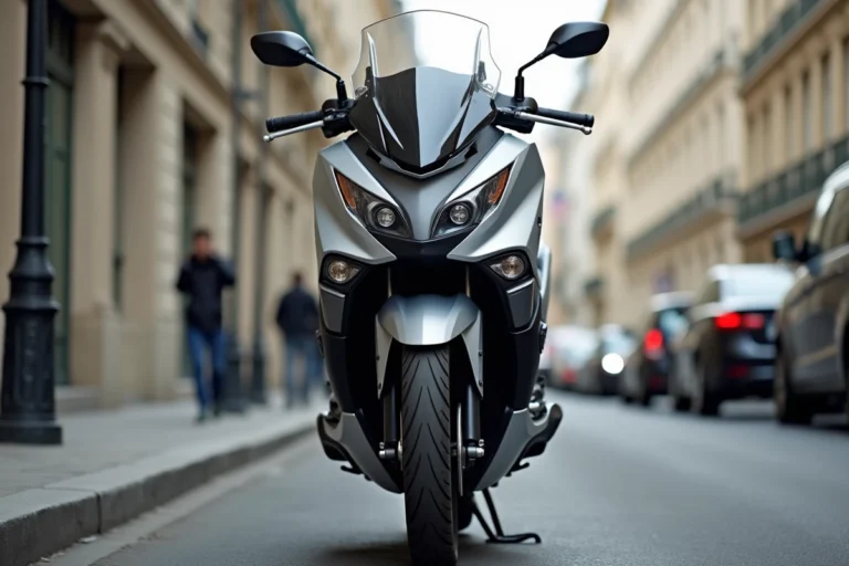 Yamaha TMAX 750 garé dans une rue parisienne, vue trois quarts avant mettant en valeur le carénage et les finitions premium du maxi-scooter